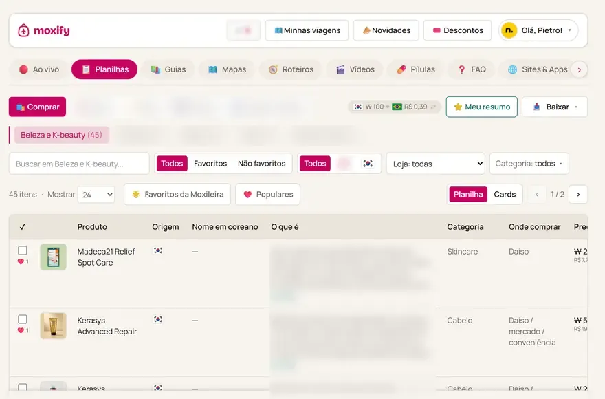 Tela de Planilhas no Moxify (computador)