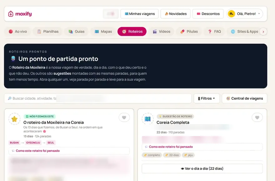 Tela de Roteiros na Central de Viagens (computador)
