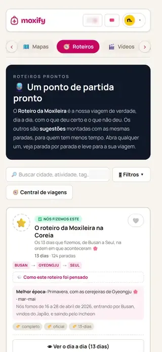 Tela de Roteiros na Central de Viagens (celular)