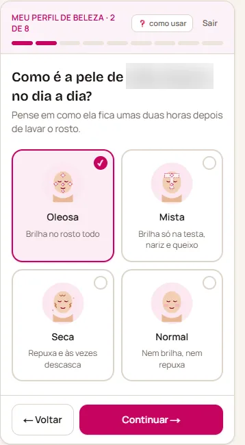 Pergunta do quiz de beleza sobre o tipo de pele, com quatro opções ilustradas